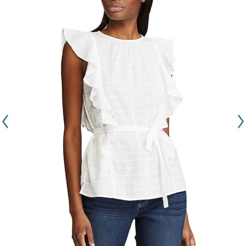 Chaps Women’s white top, ruffles from shoulder to waist, belted, size large